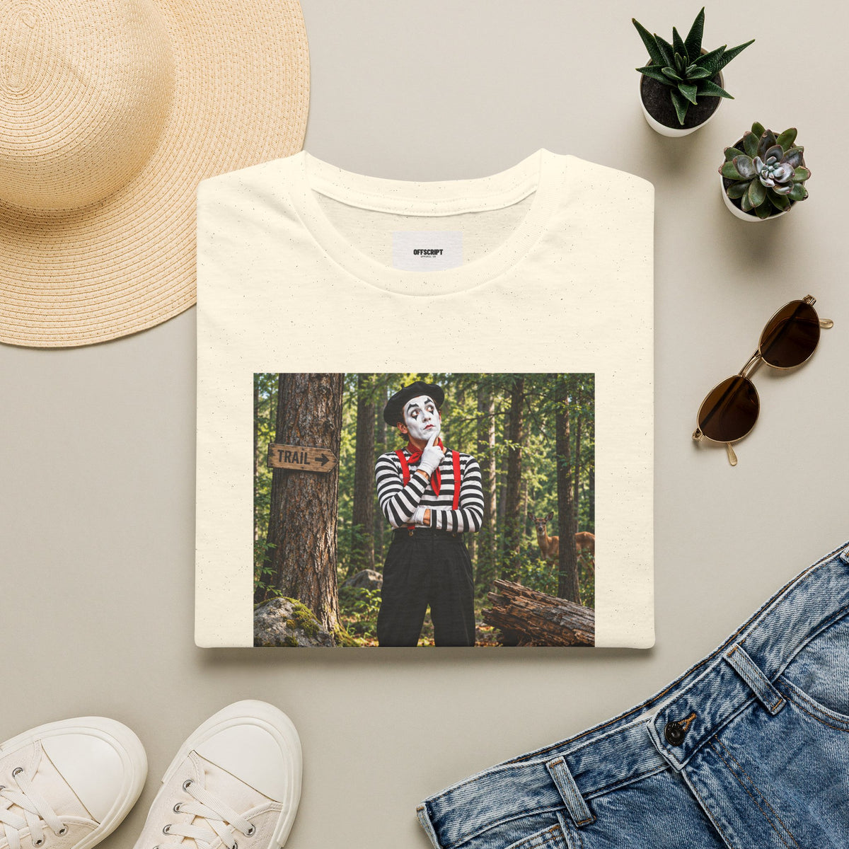 Mime in the Woods T-Shirt — “If a mime falls in the woods…” Casual Graphic Tee