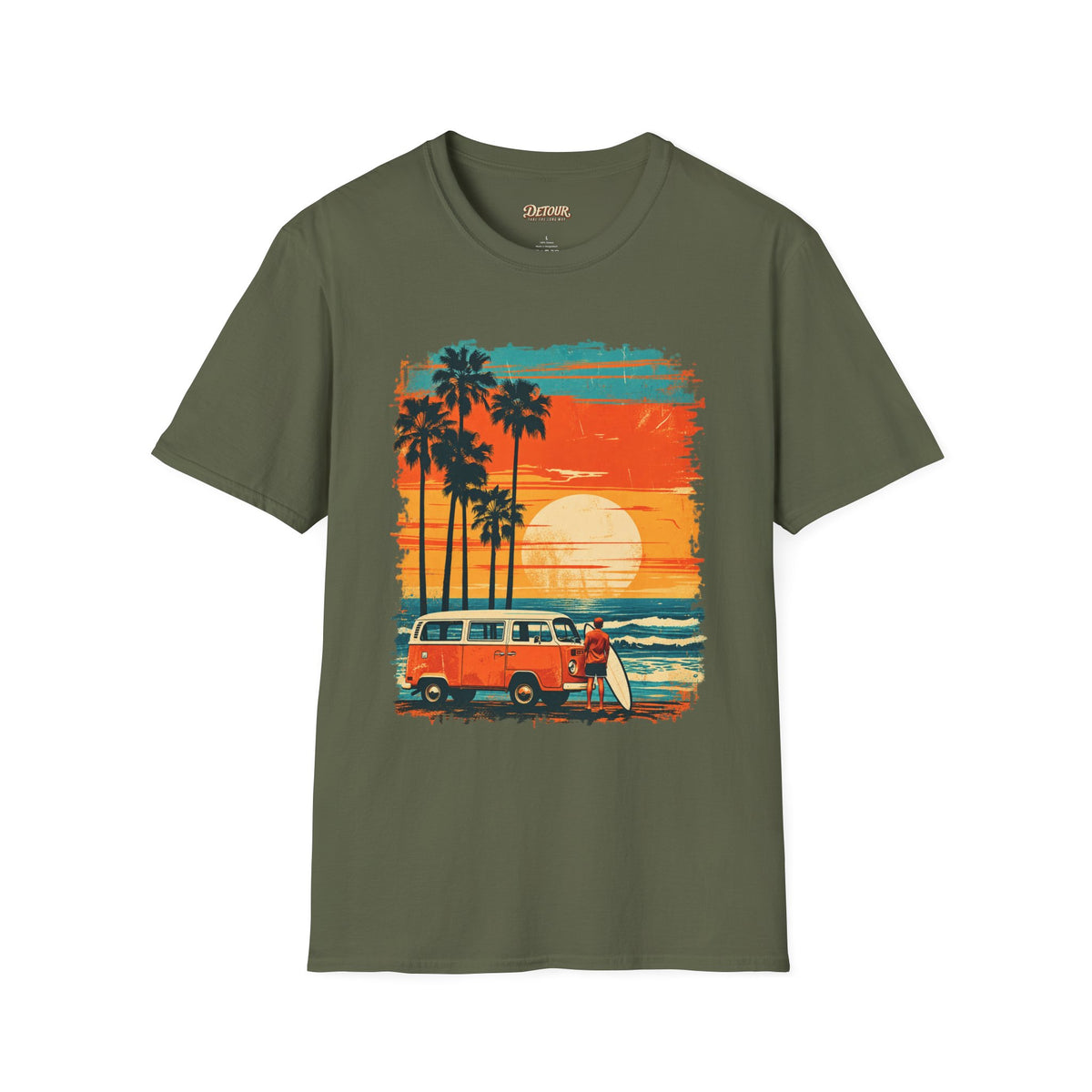 Retro Sunset Van T-Shirt – Tropical Beach Road Trip Graphic