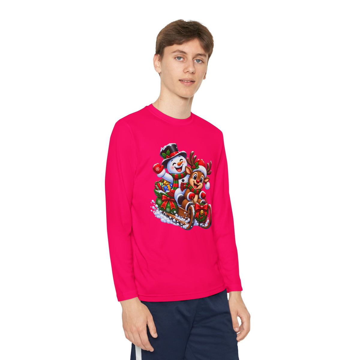 Kids' Christmas Sledding Tee — Snowman & Reindeer Holiday Long Sleeve