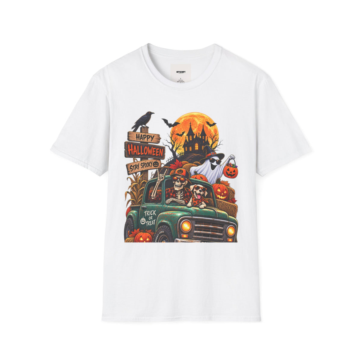Halloween Truck T‑Shirt — "Happy Halloween, Stay Spooky" Cute Haunted Pumpkin Design