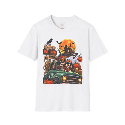 Halloween Truck T‑Shirt — "Happy Halloween, Stay Spooky" Cute Haunted Pumpkin Design