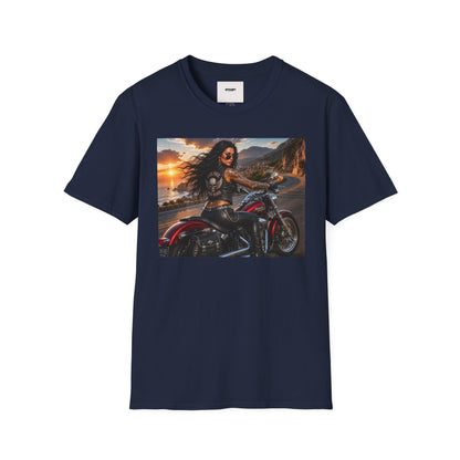 Biker Girl Sunset T-Shirt — Motorcycle Rider Graphic Tee