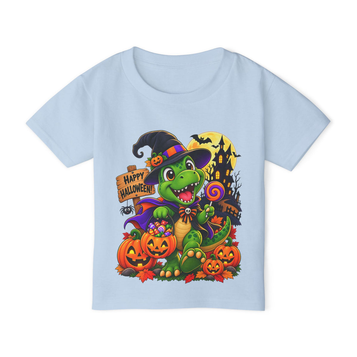 Toddler Halloween Dino T‑Shirt – Cute Witch Dino with Pumpkins & "Happy Halloween" Design
