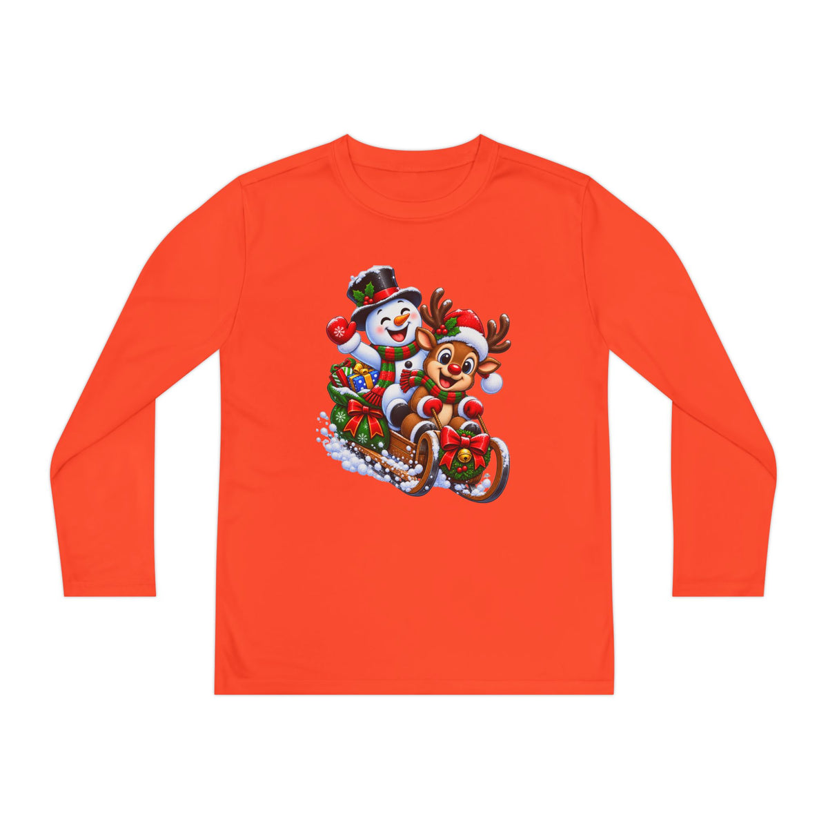 Kids' Christmas Sledding Tee — Snowman & Reindeer Holiday Long Sleeve