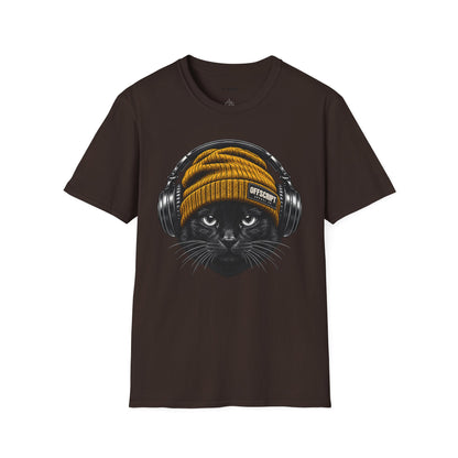 Cat Headphones T-Shirt — Cool Black Cat with Beanie & Headphones Graphic