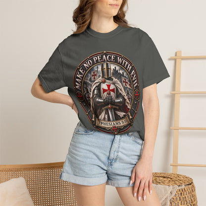 Make No Peace With Evil T-shirt | Crusader Helmet Ephesians 5:11