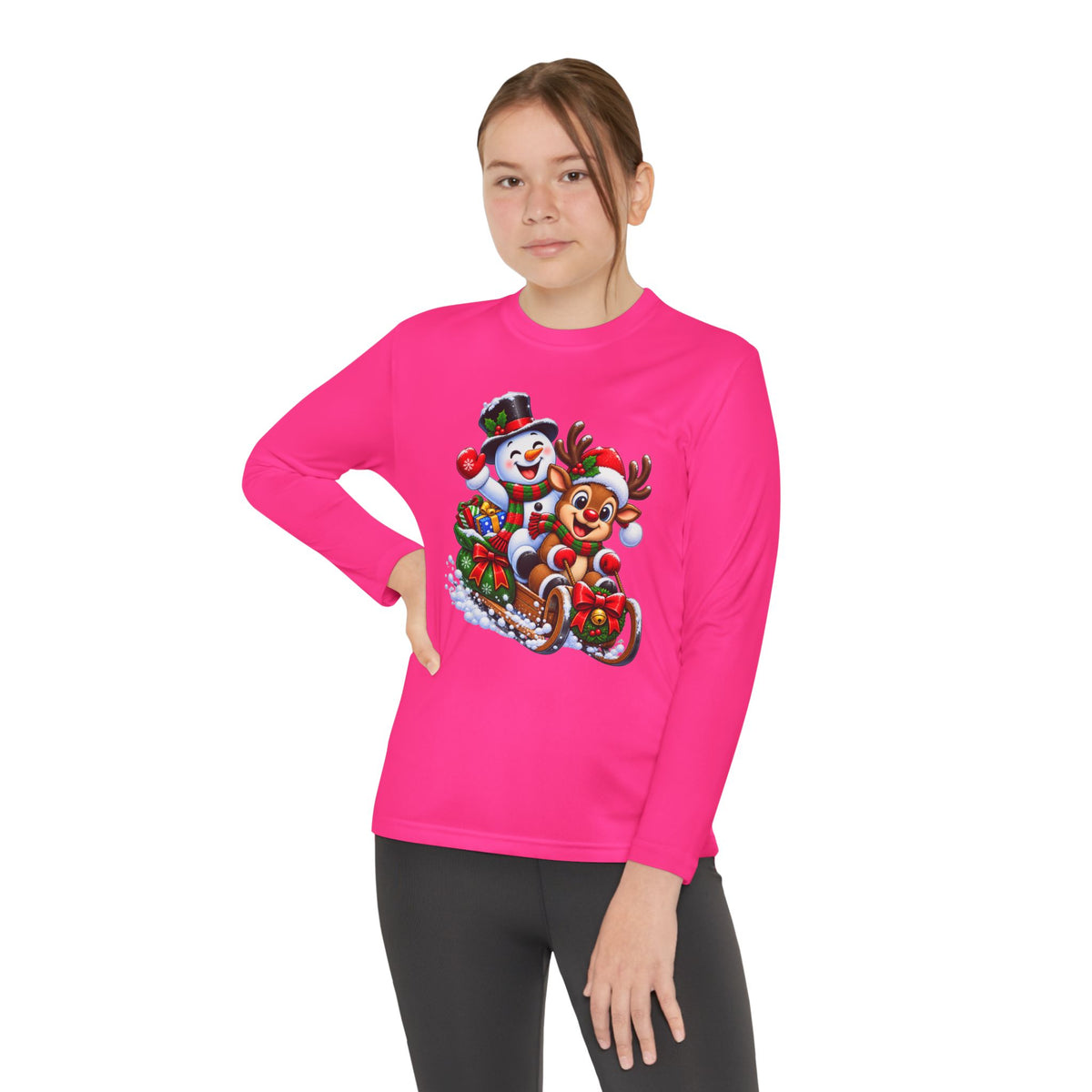 Kids' Christmas Sledding Tee — Snowman & Reindeer Holiday Long Sleeve