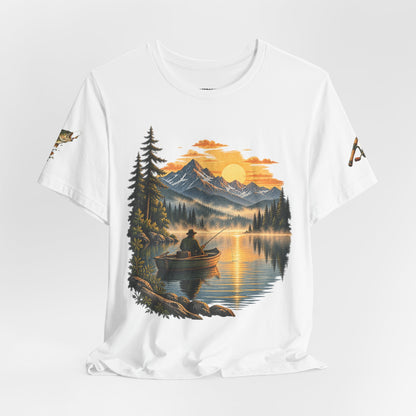 Sunset Lake Fishing T-Shirt — Mountain Boat Fishing Graphic Tee