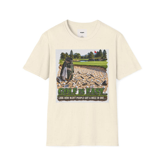 Golf Bunker Scene T-Shirt — "How Many People Live & Work In Dunes" Graphic Tee