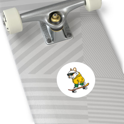 Skater Bulldog Round Sticker — Cool Frenchie on Skateboard, Indoor/Outdoor Decal