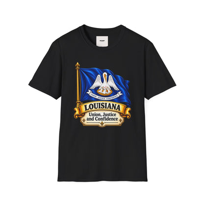 Louisiana State Flag T-Shirt — Pelican Emblem "Union, Justice & Confidence" Tee