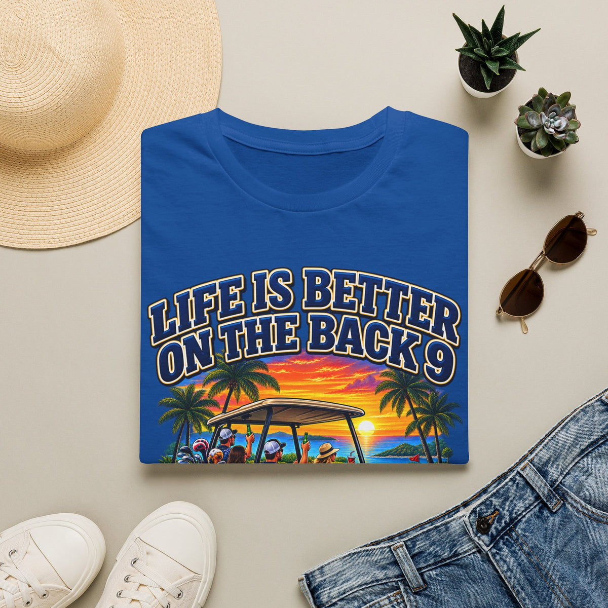 Golf T-Shirt — "Life Is Better on the Back 9" Sunset Golf Cart Design