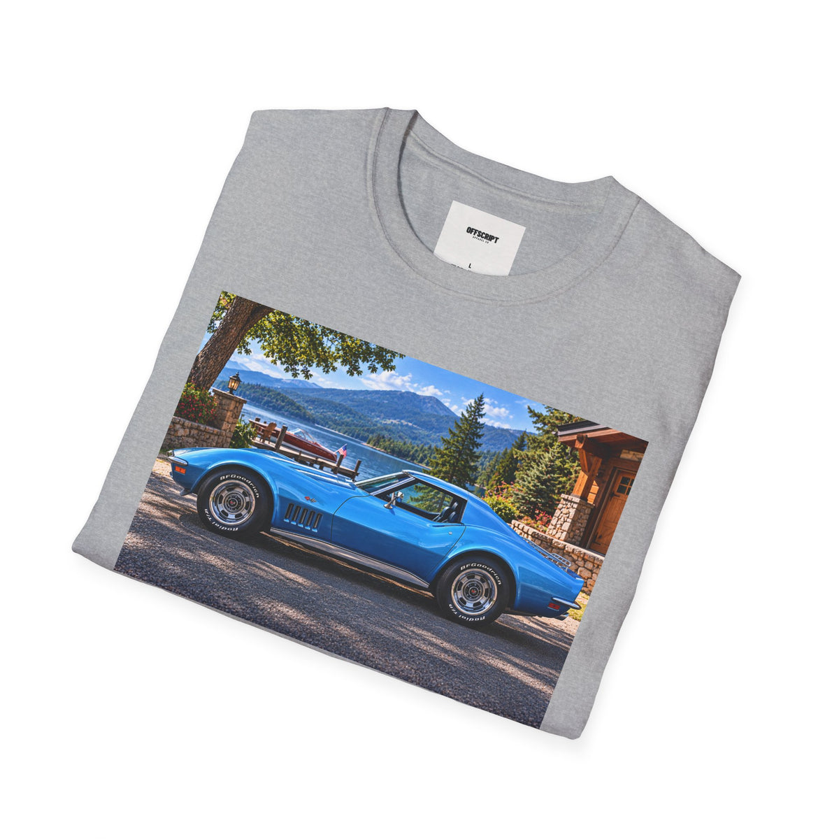 1968 Chevrolet Corvette Stingray Graphic T‑Shirt — Blue Classic Car Lakefront Print