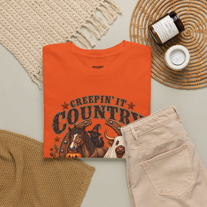 Country Halloween Tee — "Keepin' It Country Boo Y'all" Farm Animal Pumpkin T-Shirt