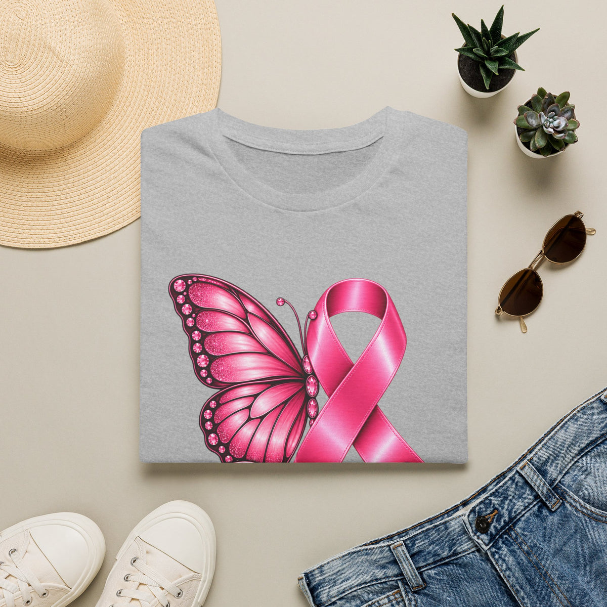 Pink Ribbon Butterfly Breast Cancer Awareness T-Shirt | Support Ribbon Tee