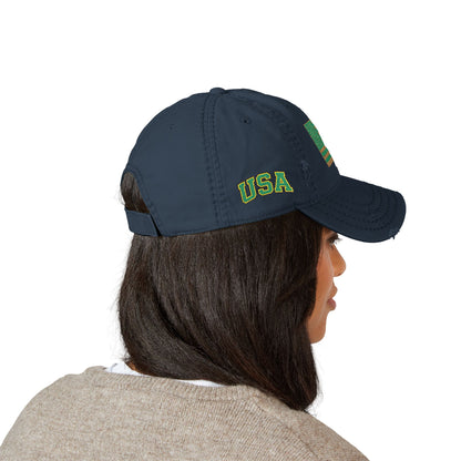Embroidered Distressed Dad Hat — Green & Gold Flag Patch