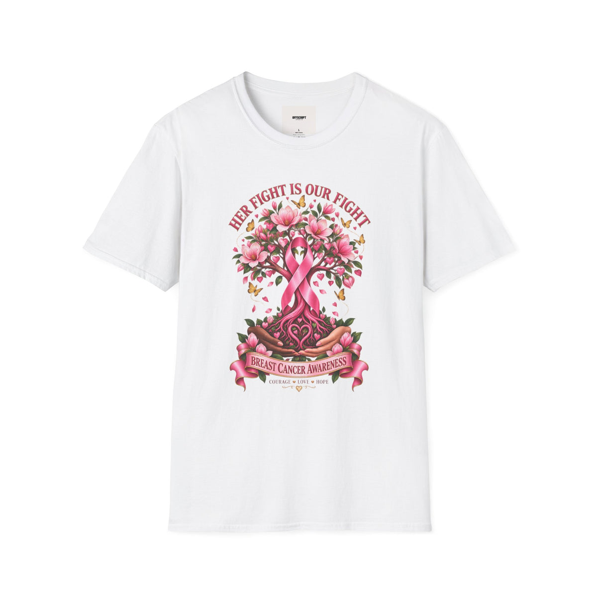 Breast Cancer Awareness T-Shirt – “Her Fight Is Our Fight” Pink Ribbon Floral Tee