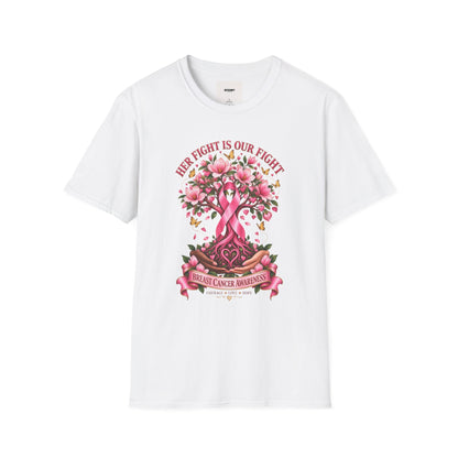 Breast Cancer Awareness T-Shirt – “Her Fight Is Our Fight” Pink Ribbon Floral Tee