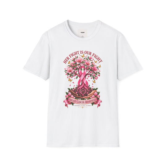 Breast Cancer Awareness T-Shirt – “Her Fight Is Our Fight” Pink Ribbon Floral Tee