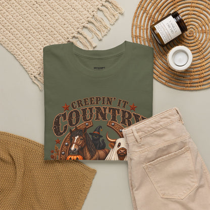 Country Halloween Tee — "Keepin' It Country Boo Y'all" Farm Animal Pumpkin T-Shirt