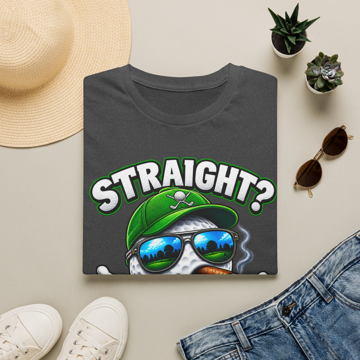Golf Ball Graphic T-Shirt — "Straight? Never Heard of Her." Funny Golf Shirt