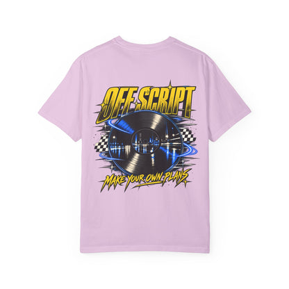 T-Shirt — Off Script Vinyl Graphic Tee: "Make Your Own Plans" Retro Racing Design