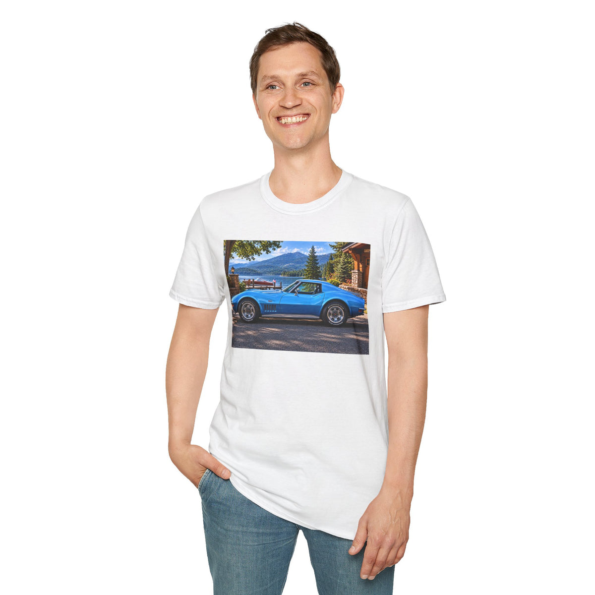 1968 Chevrolet Corvette Stingray Graphic T‑Shirt — Blue Classic Car Lakefront Print