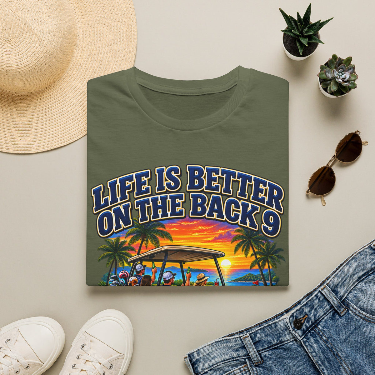 Golf T-Shirt — "Life Is Better on the Back 9" Sunset Golf Cart Design