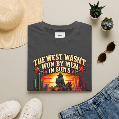 Western Graphic T-Shirt — “The West Wasn’t Won by Men in Suits” Cowboy Sunset Tee