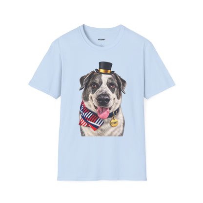 Patriotic Pup Tee — Dog with Top Hat & American Flag Bandana