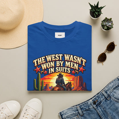 Western Graphic T-Shirt — “The West Wasn’t Won by Men in Suits” Cowboy Sunset Tee