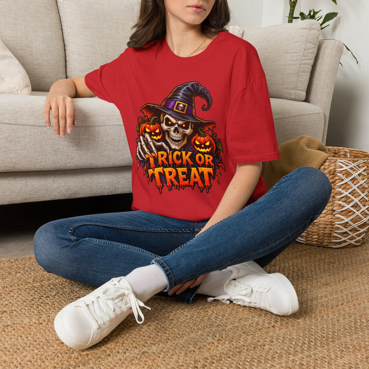 Halloween Skull Witch T-Shirt — "Trick or Treat" Pumpkin Tee