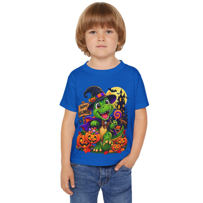 Toddler Halloween Dino T‑Shirt – Cute Witch Dino with Pumpkins & "Happy Halloween" Design