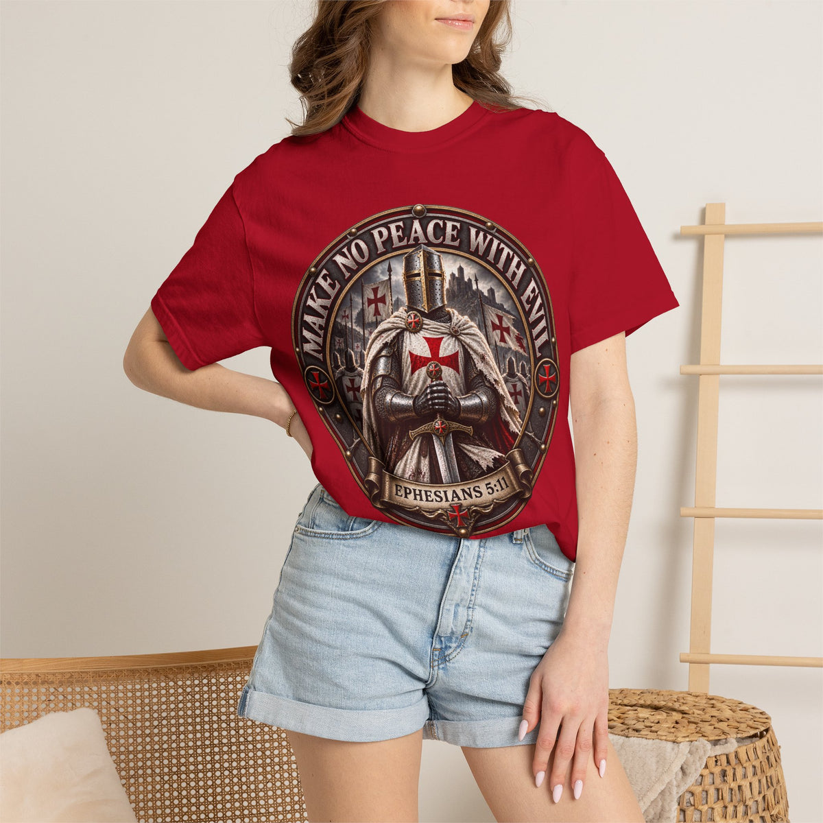 Make No Peace With Evil T-shirt | Crusader Helmet Ephesians 5:11