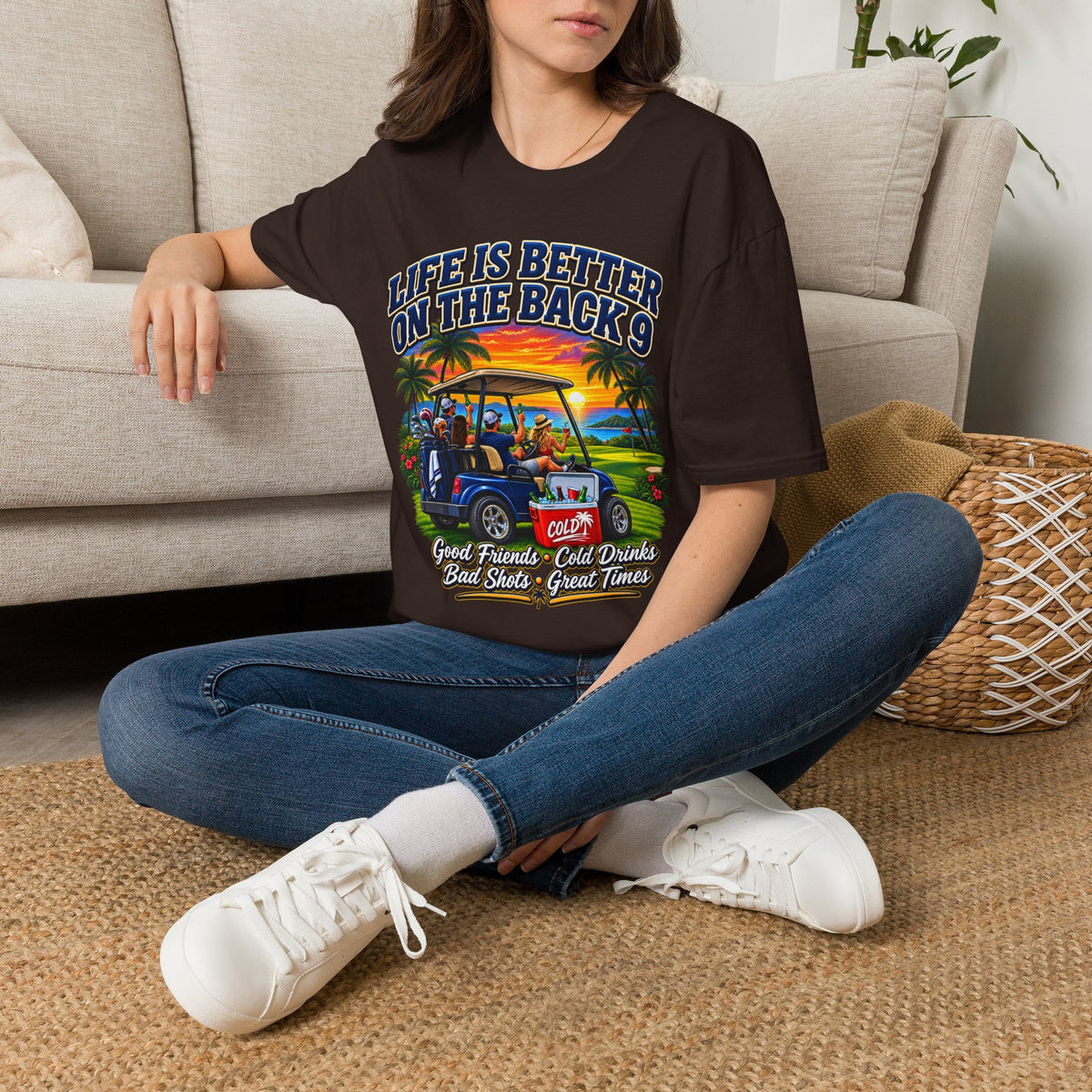 Golf T-Shirt — "Life Is Better on the Back 9" Sunset Golf Cart Design