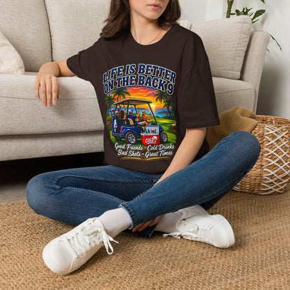 Golf T-Shirt — "Life Is Better on the Back 9" Sunset Golf Cart Design