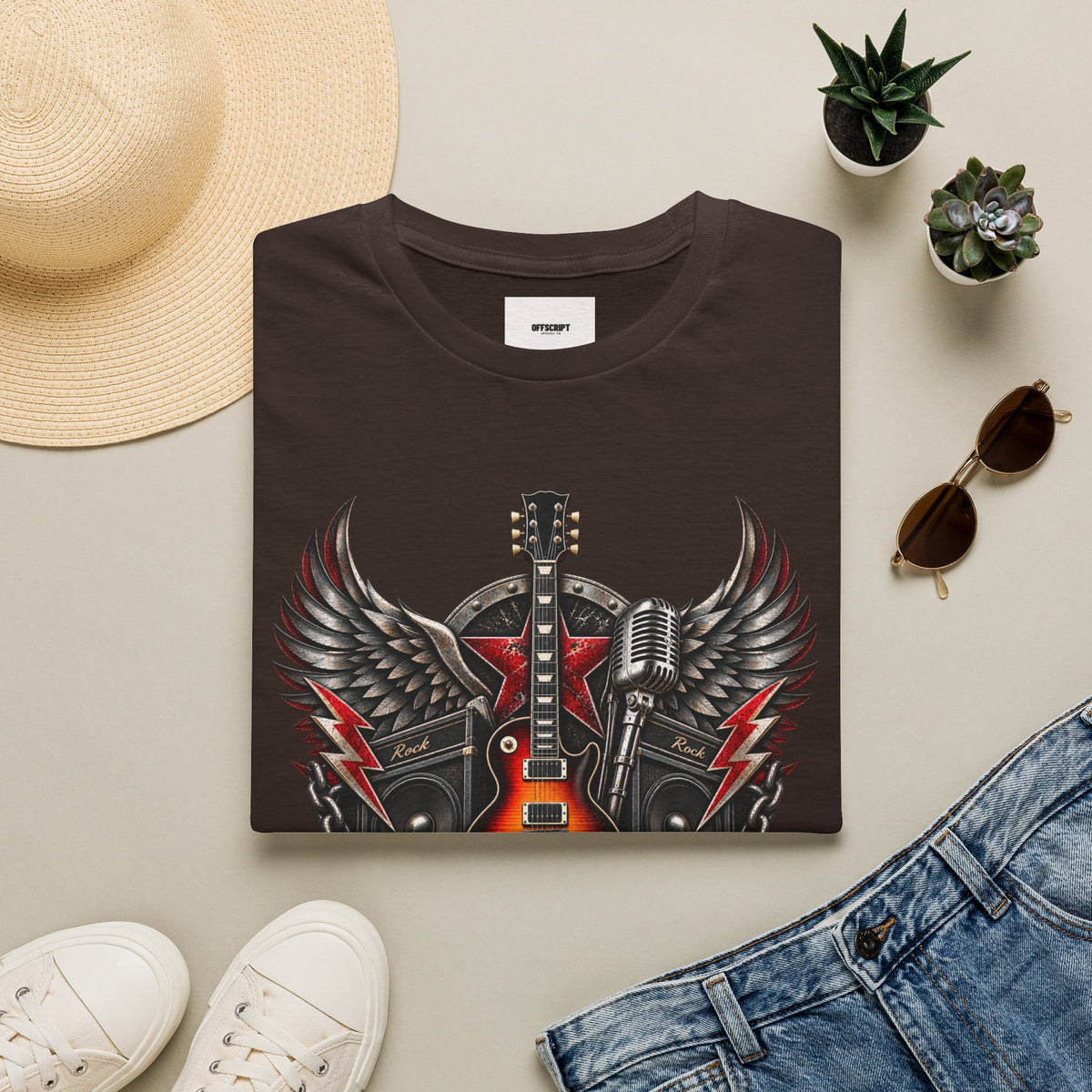 Rock 'n' Roll Guitar Tee — Vintage Winged Guitar & Microphone Design