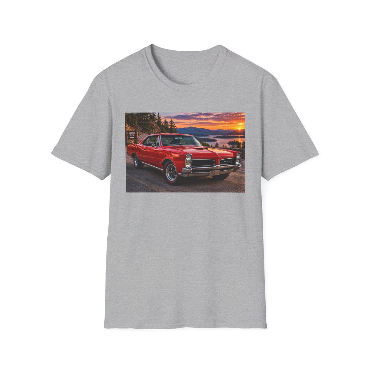 Classic Red Muscle Car T-Shirt — Vintage Pontiac Sunset Driving Tee