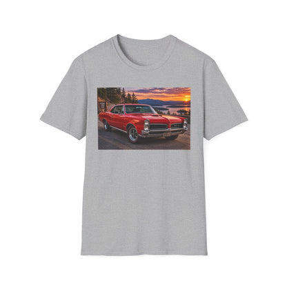 Classic Red Muscle Car T-Shirt — Vintage Pontiac Sunset Driving Tee