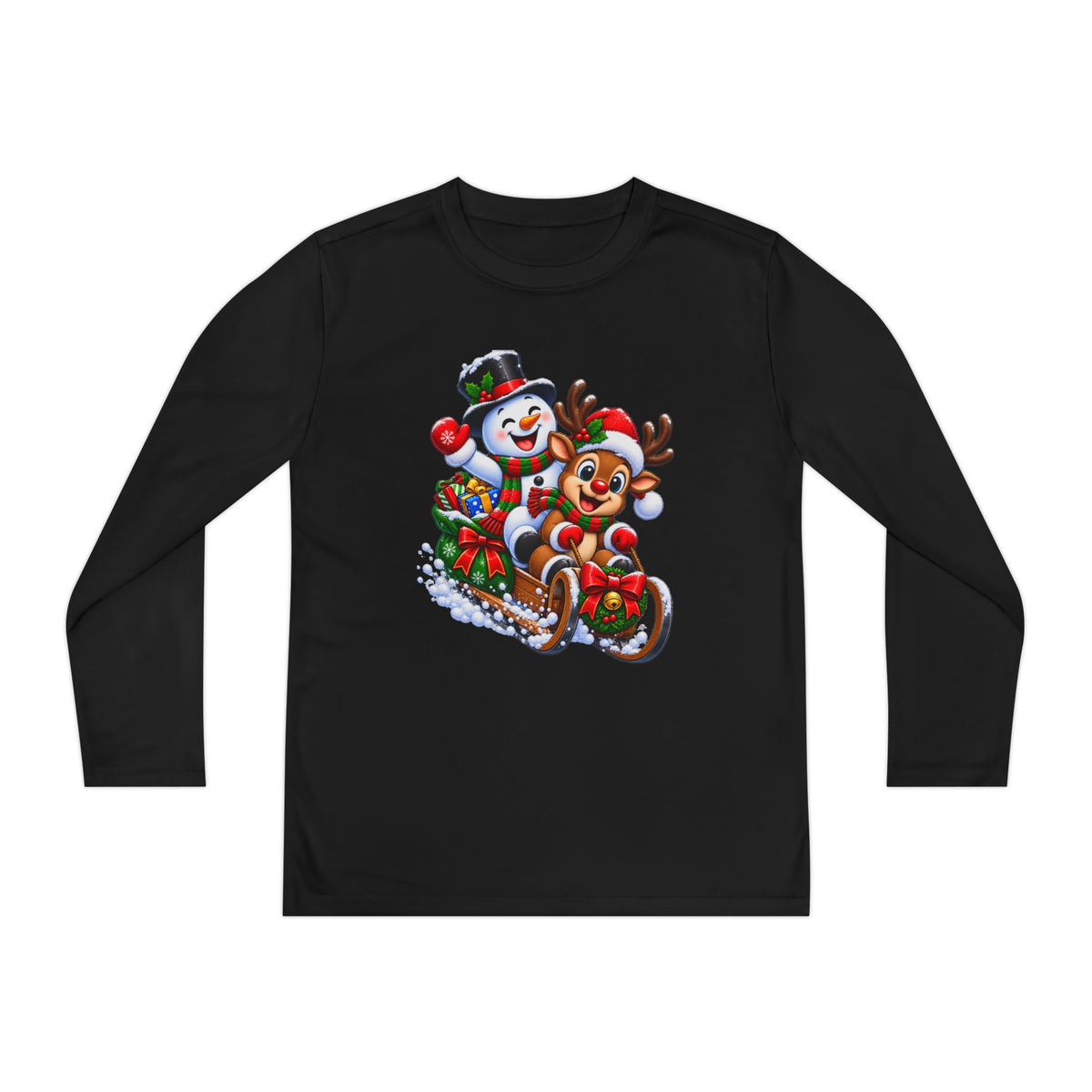 Kids' Christmas Sledding Tee — Snowman & Reindeer Holiday Long Sleeve