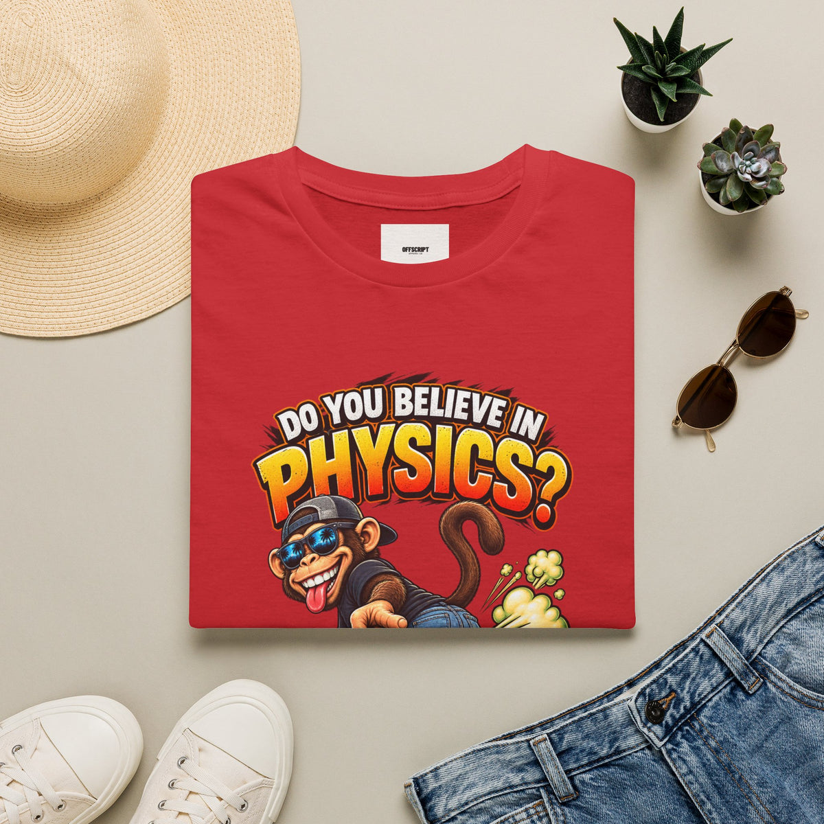 Physics Joke T-Shirt — "Do You Believe in Physics?" Monkey Pull My Finger Graphic Tee