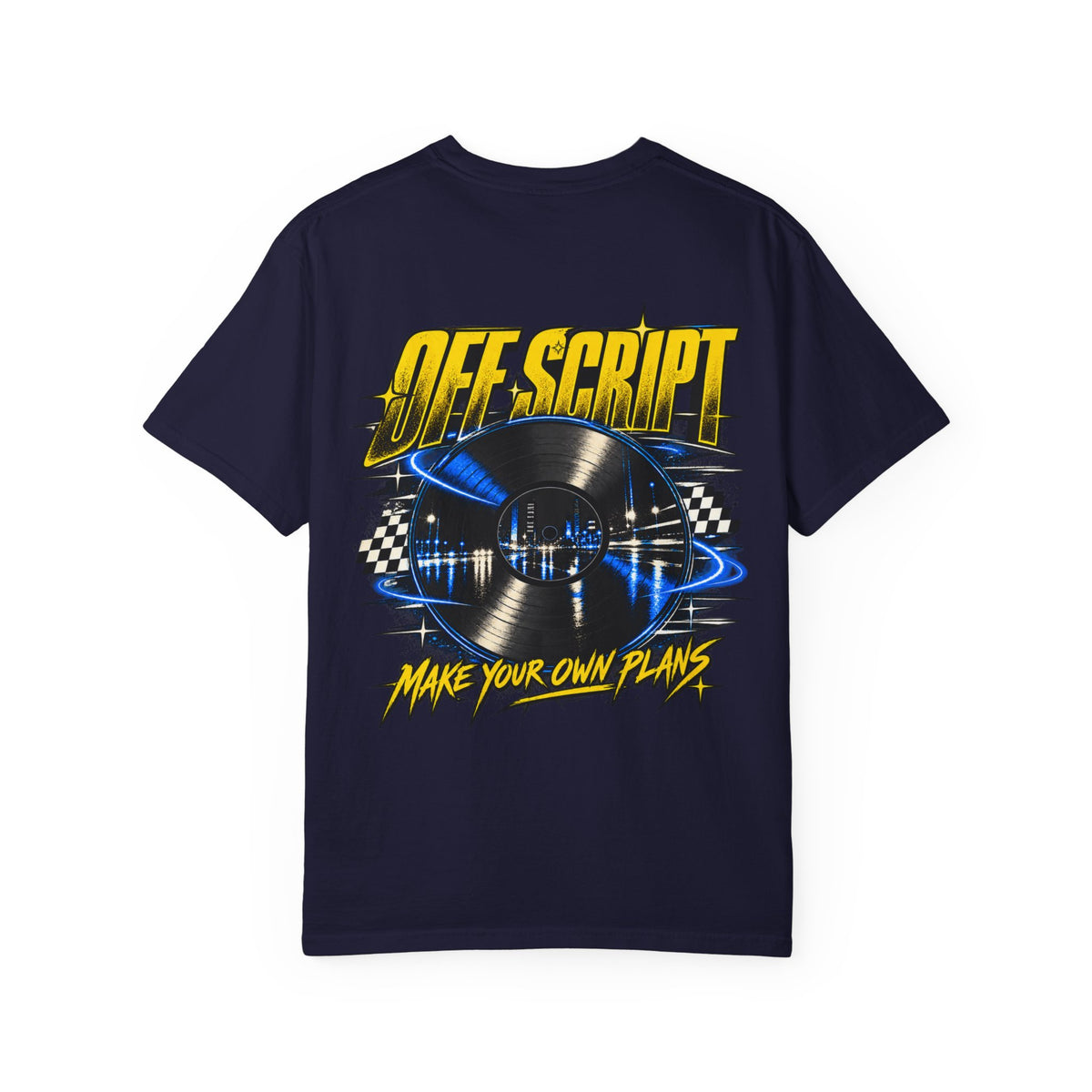 T-Shirt — Off Script Vinyl Graphic Tee: "Make Your Own Plans" Retro Racing Design