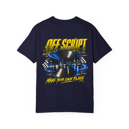 T-Shirt — Off Script Vinyl Graphic Tee: "Make Your Own Plans" Retro Racing Design