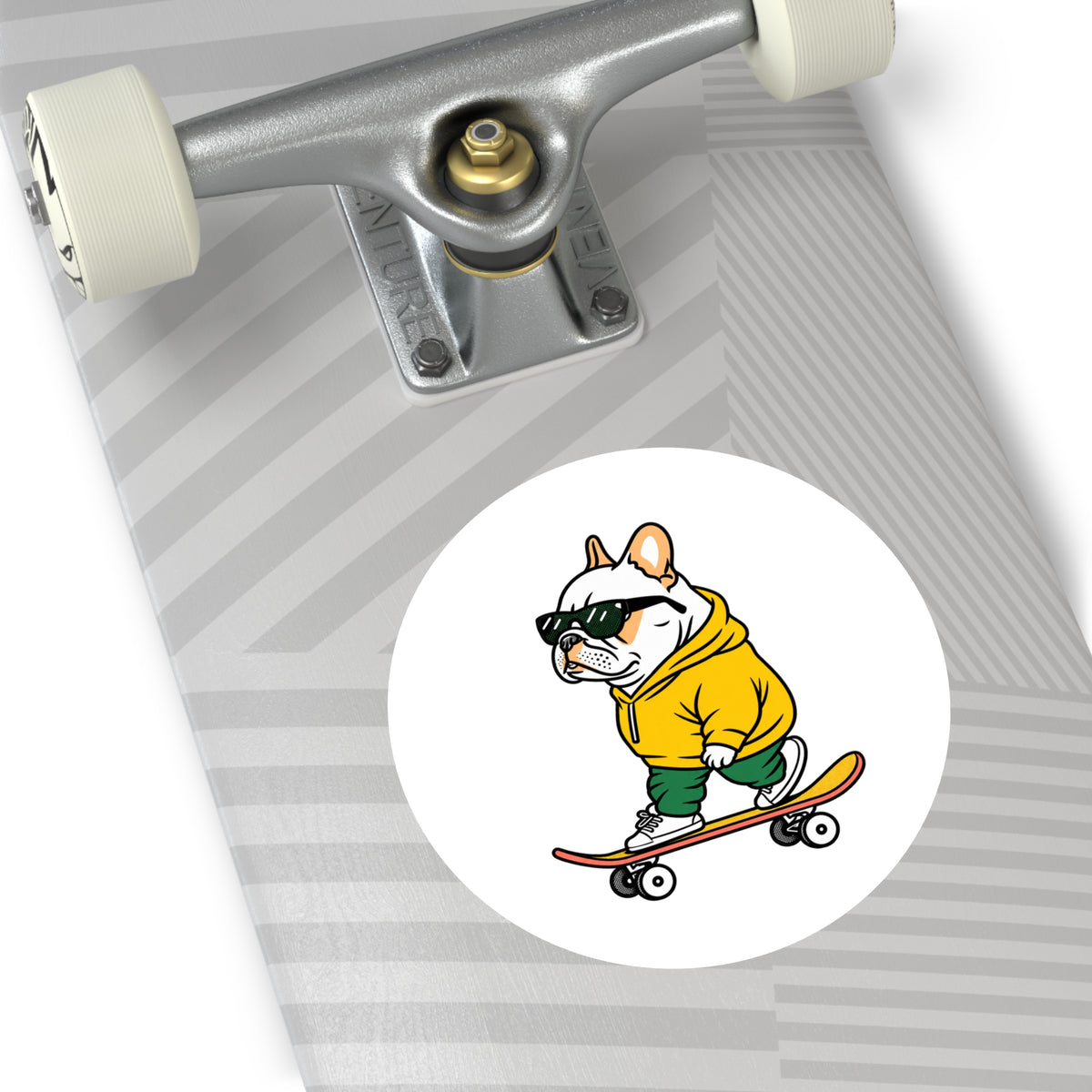 Skater Bulldog Round Sticker — Cool Frenchie on Skateboard, Indoor/Outdoor Decal