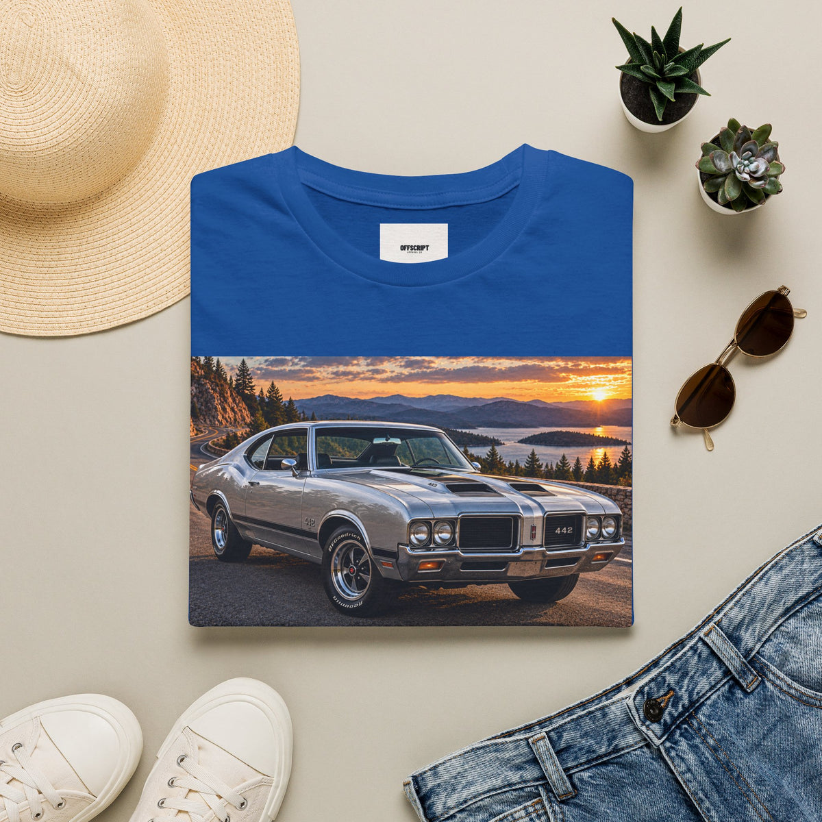 Classic Muscle Car Sunset T-Shirt — Vintage Oldsmobile Photo Tee
