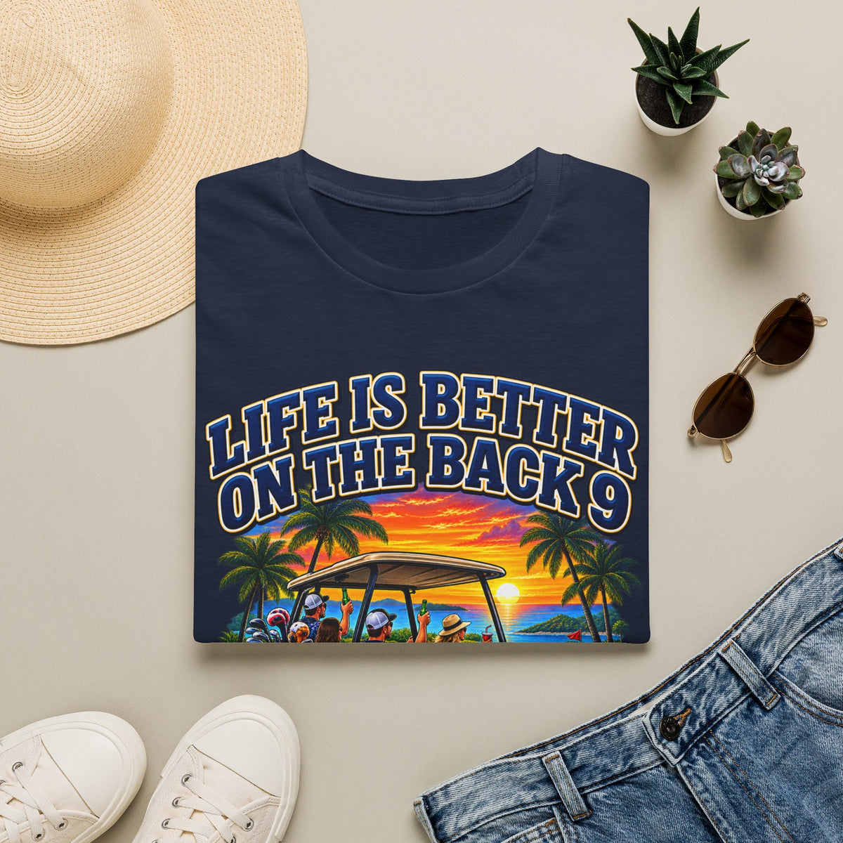 Golf T-Shirt — "Life Is Better on the Back 9" Sunset Golf Cart Design
