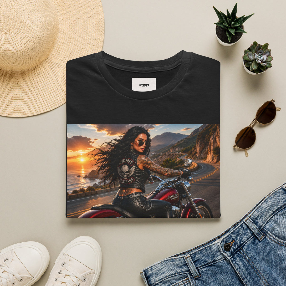 Biker Girl Sunset T-Shirt — Motorcycle Rider Graphic Tee