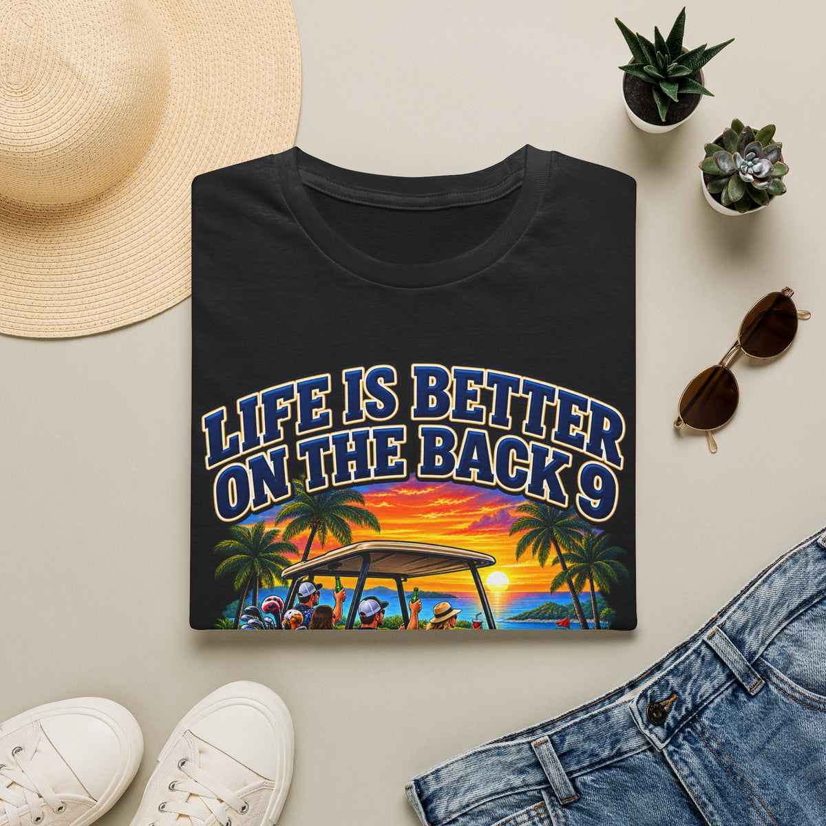 Golf T-Shirt — "Life Is Better on the Back 9" Sunset Golf Cart Design