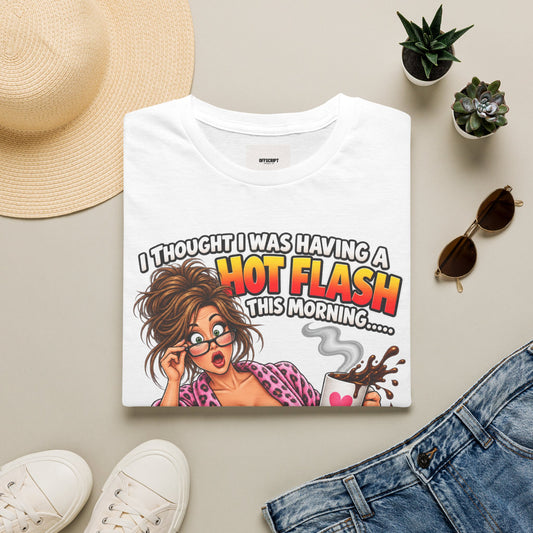 Hot Flash Coffee Tee — Funny Menopause T-Shirt (‘My Boobs Fell in the Coffee’)