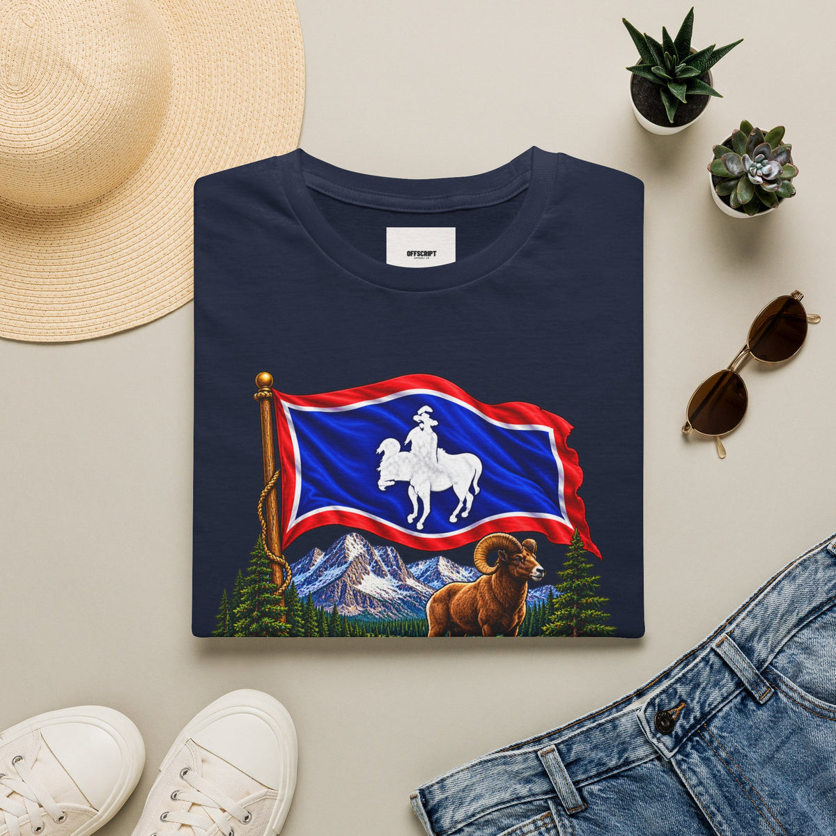 Wyoming Flag T-Shirt — Cowboy & Bison Mountain Scenic Tee